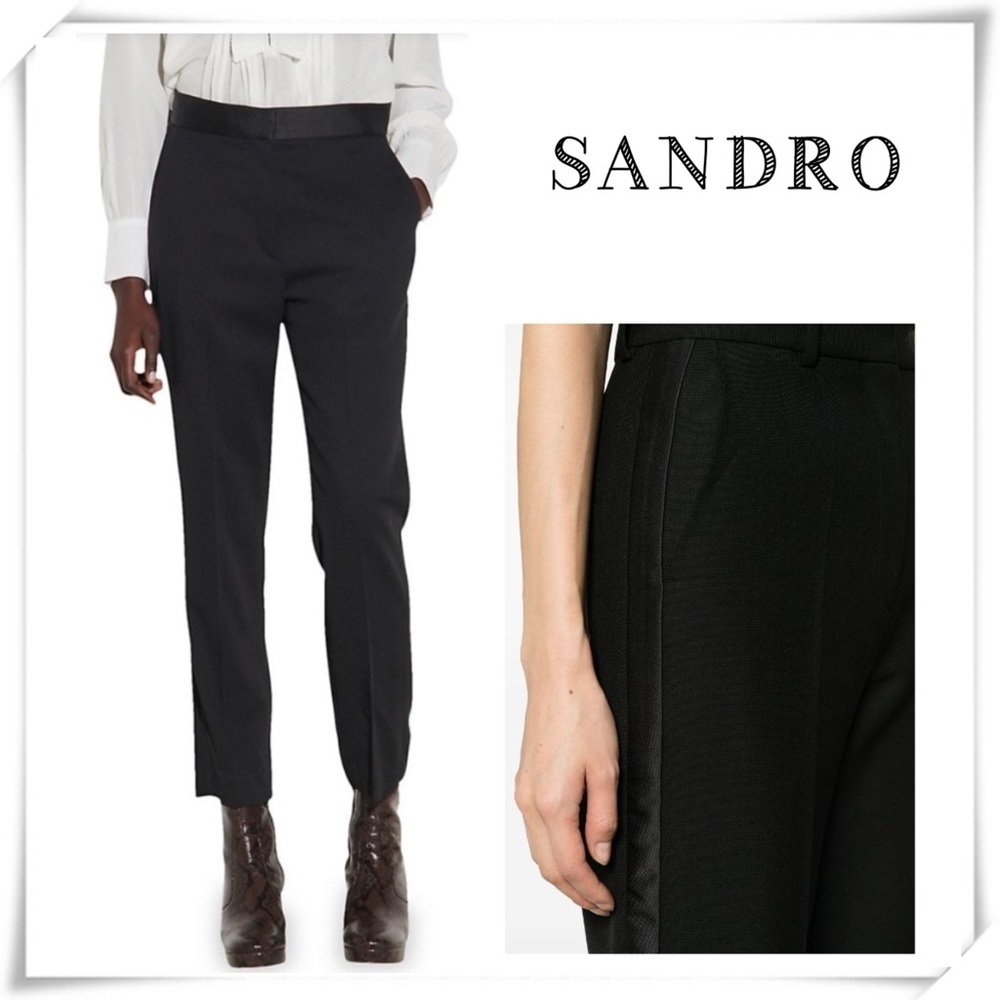 Sandro Paris Tuxedo Side Striped Trouser Pants in Black Size 36